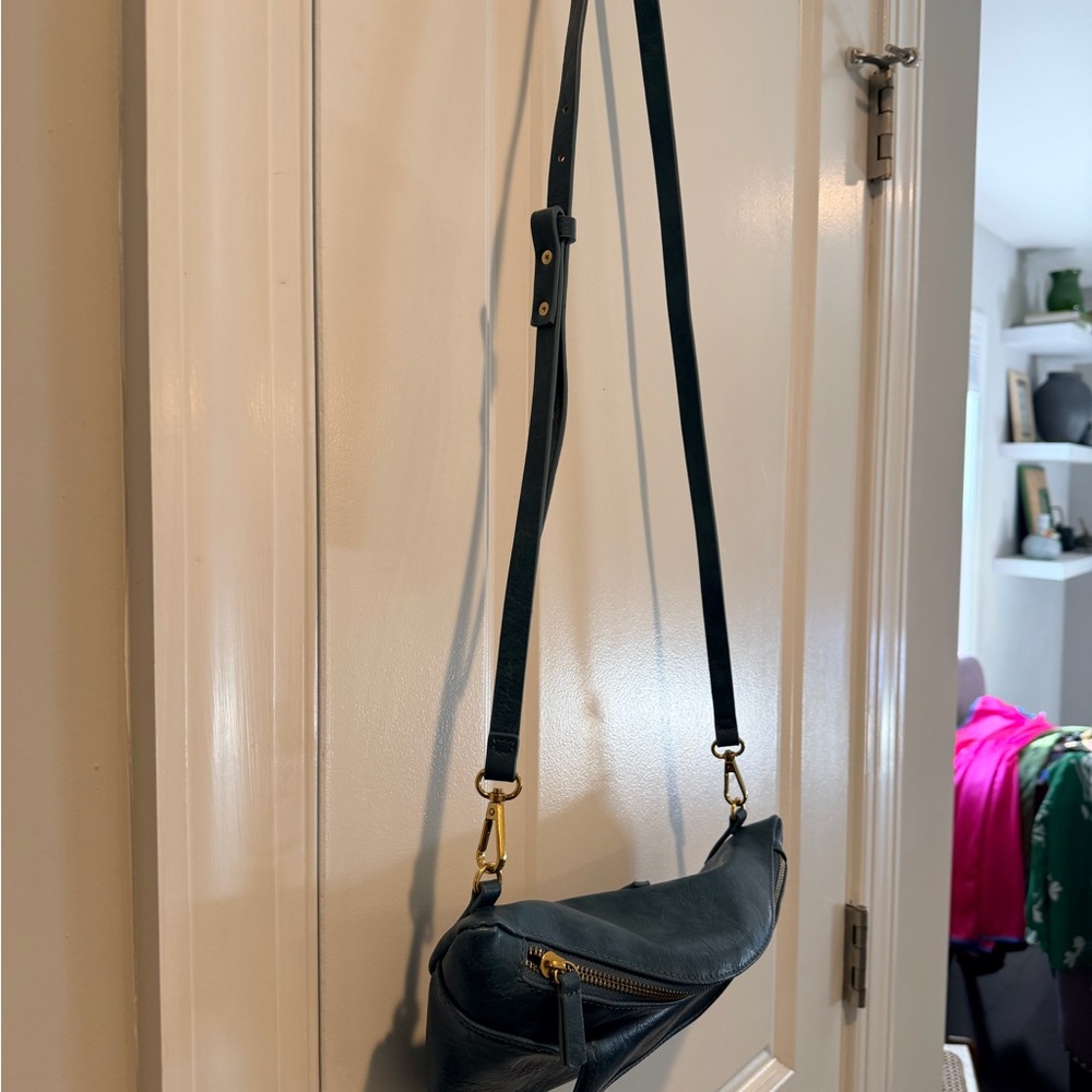 Anthropologie Leather Crossbody Bag in Dark Teal with Gold Hardware
